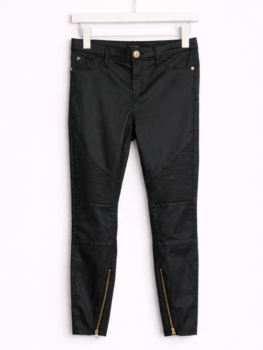 River Island Moto Black Coated Gold Zip Ankle Skinny Jeans
